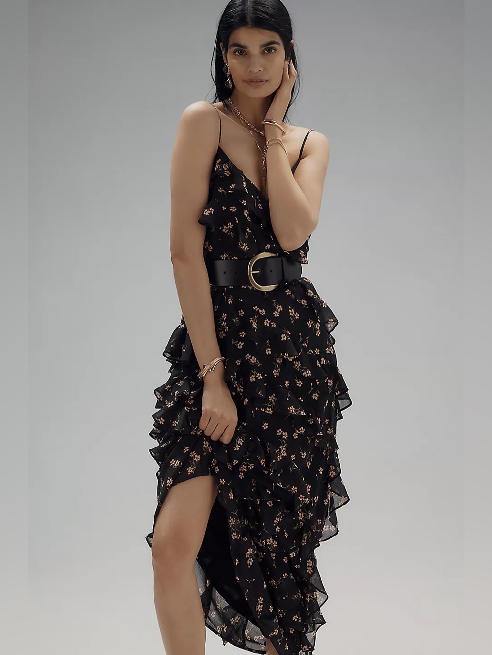 AFRM Black Floral Ruffle Maxi Dress
